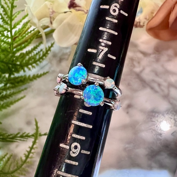 New!Blue and white Opal ring stacking set of 2. Set in solid 925 Sterling Silver - Picture 8 of 17